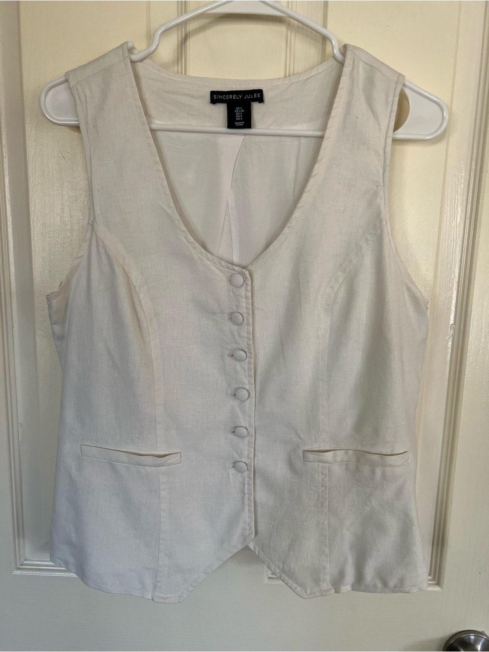 Sincerely Jules Linen Blend Button Front Vest Top Ivory Large